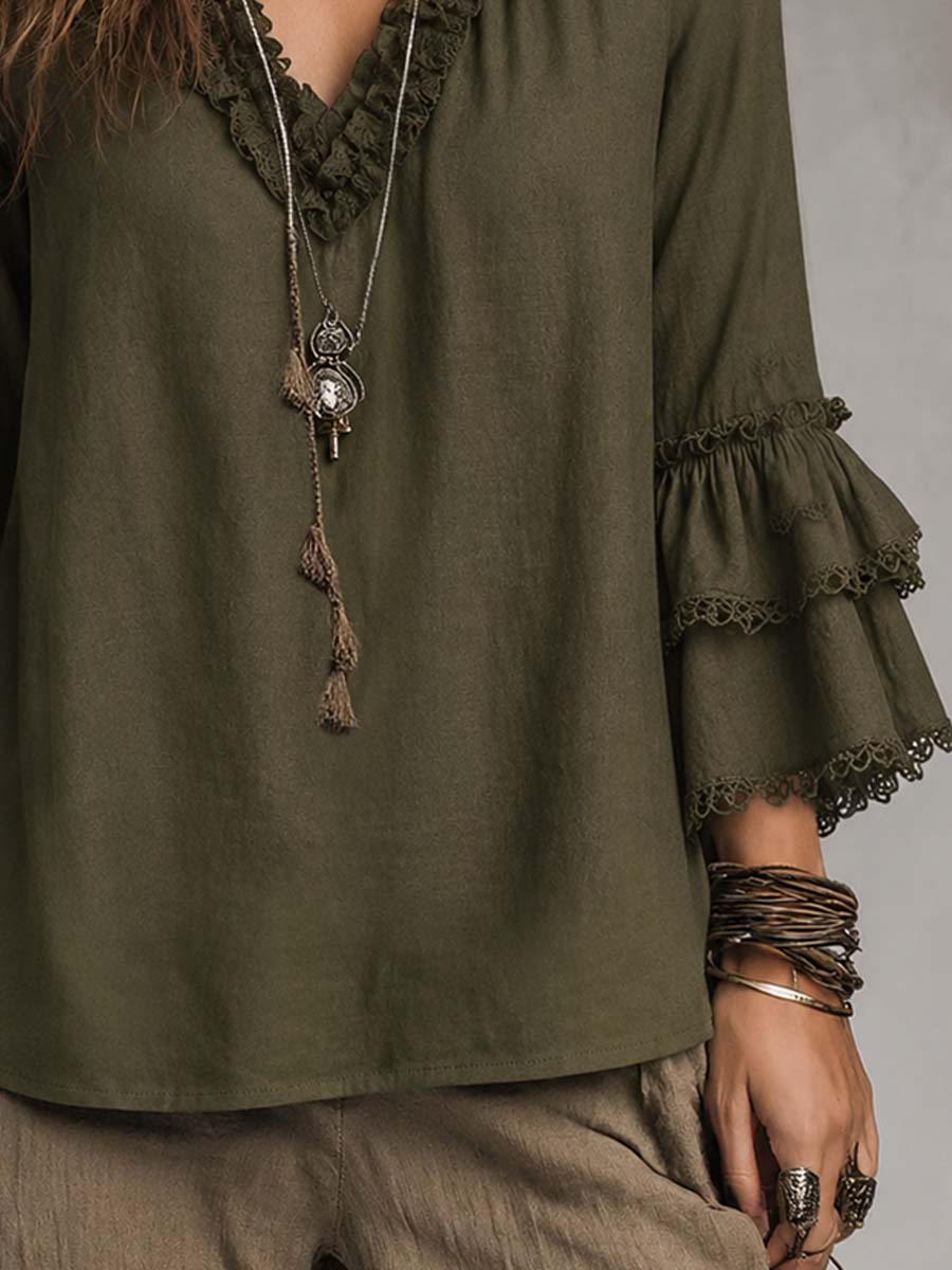 Ruffled Lace Long-Sleeved Blouse