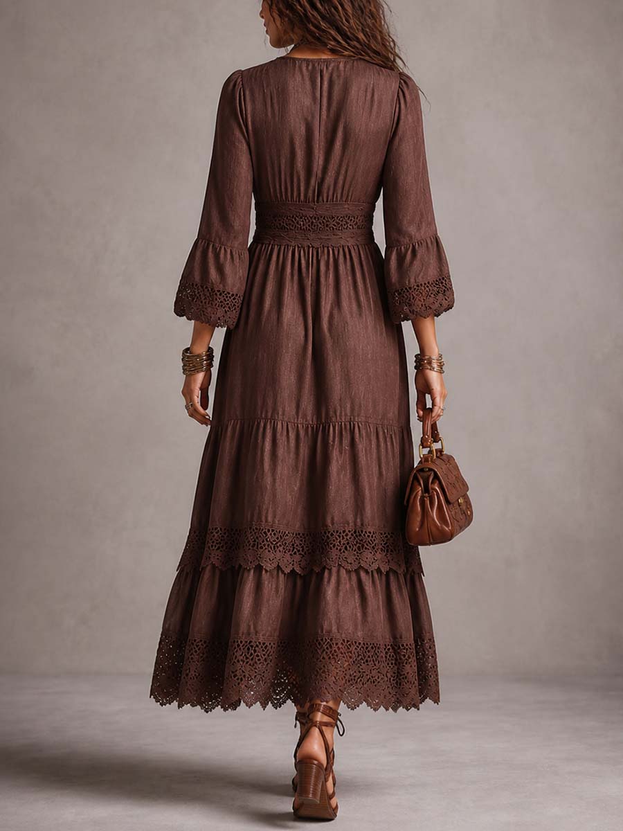 SORREL | Boho Lace-Trim Puff Sleeve Midi Dress