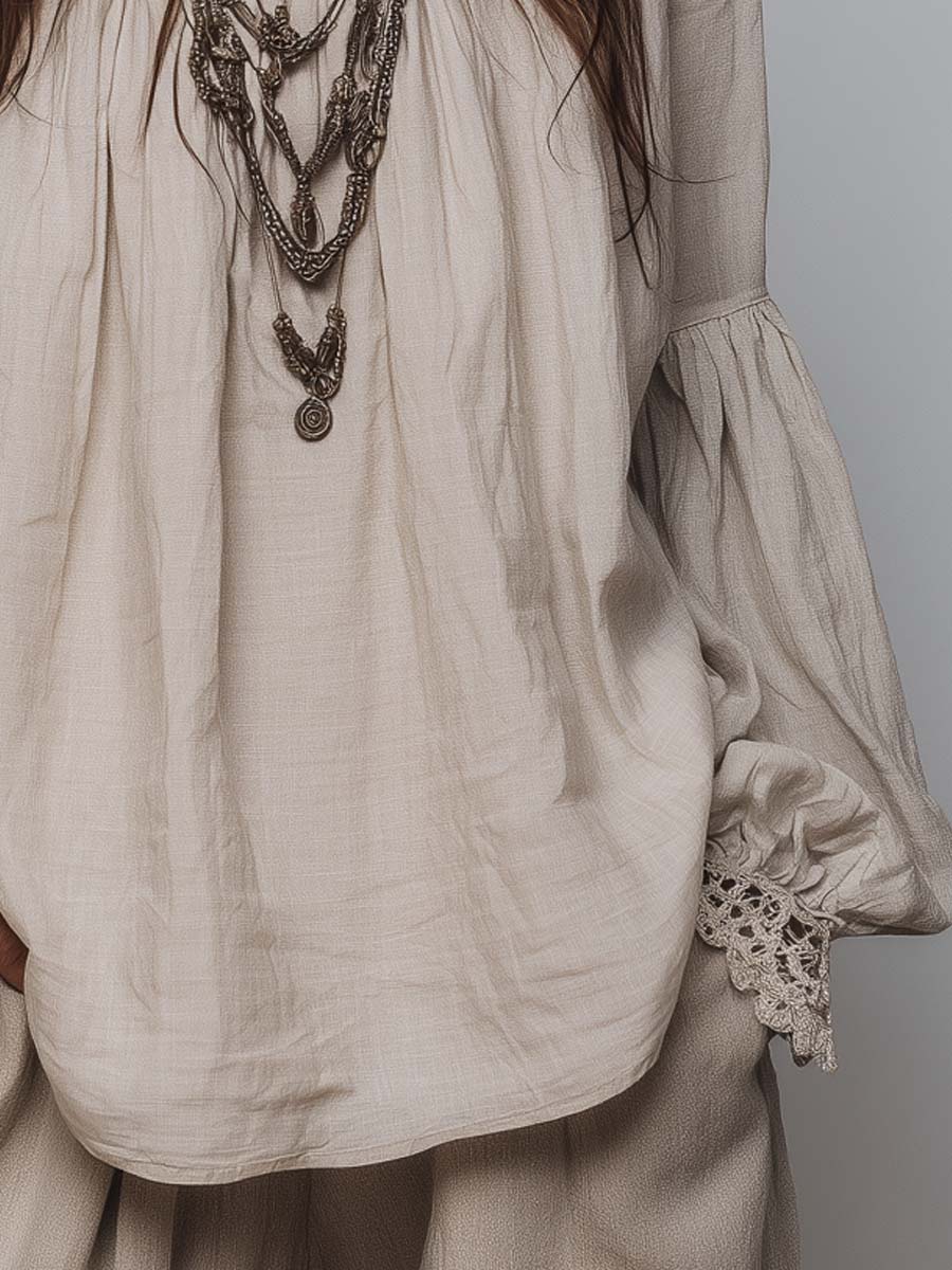 Lace-Trimmed Pleated Bohemian Blouse