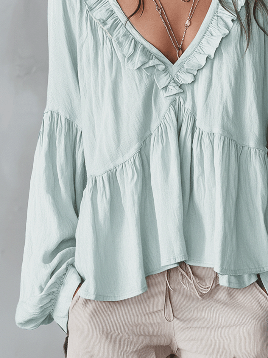 Soft Boho Ruffled V-Neck Blouse