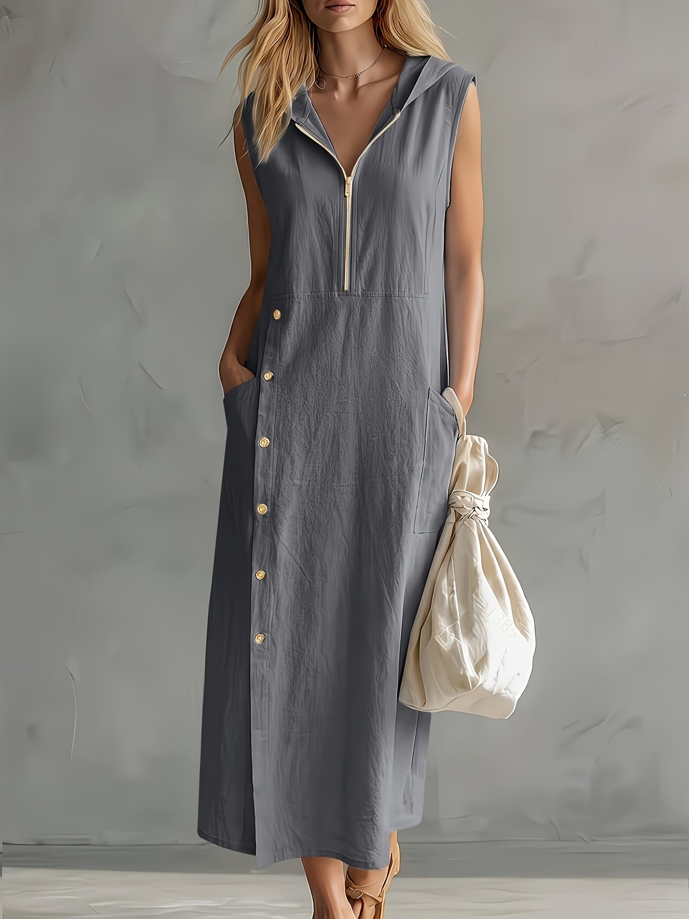 SVEA | Hooded Zip Button Maxi Dress
