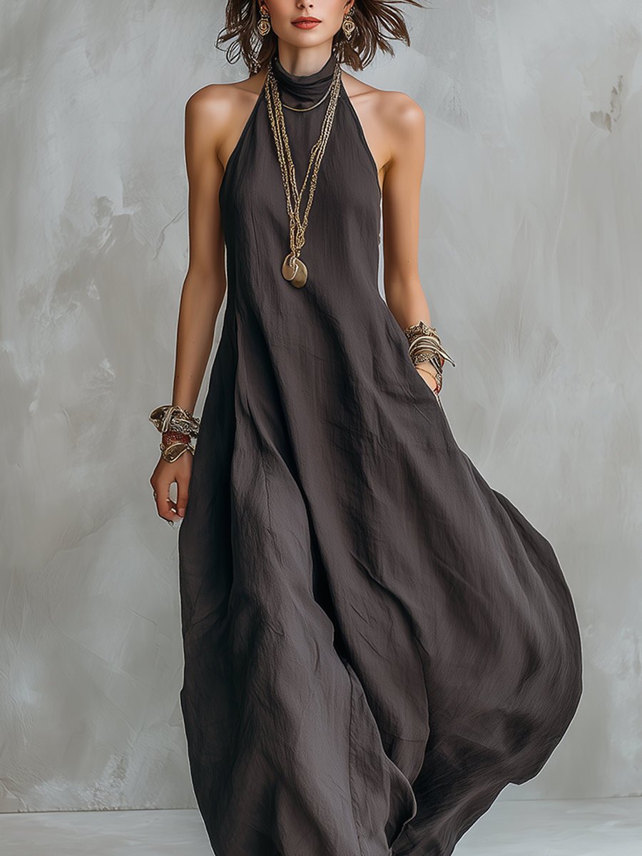 YARA | Flowing Charcoal Halter Maxi Dress