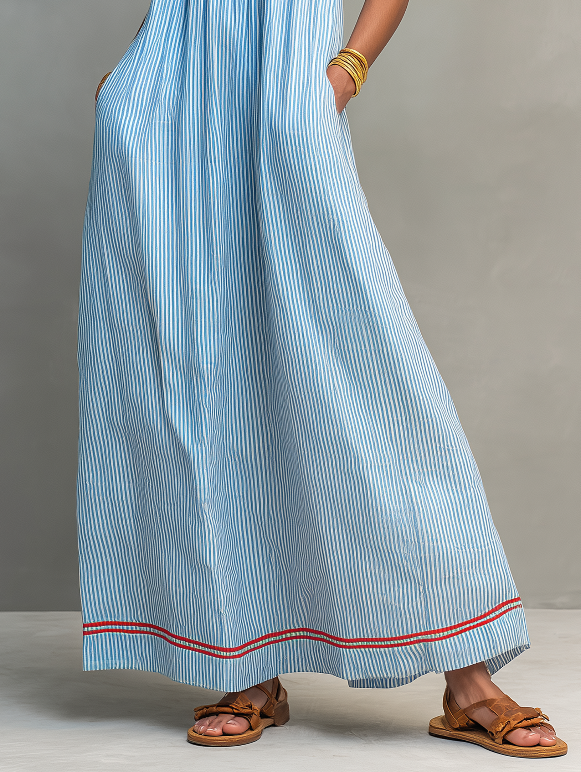 Women's Minimalist Striped Maxi Dress with Red Trim