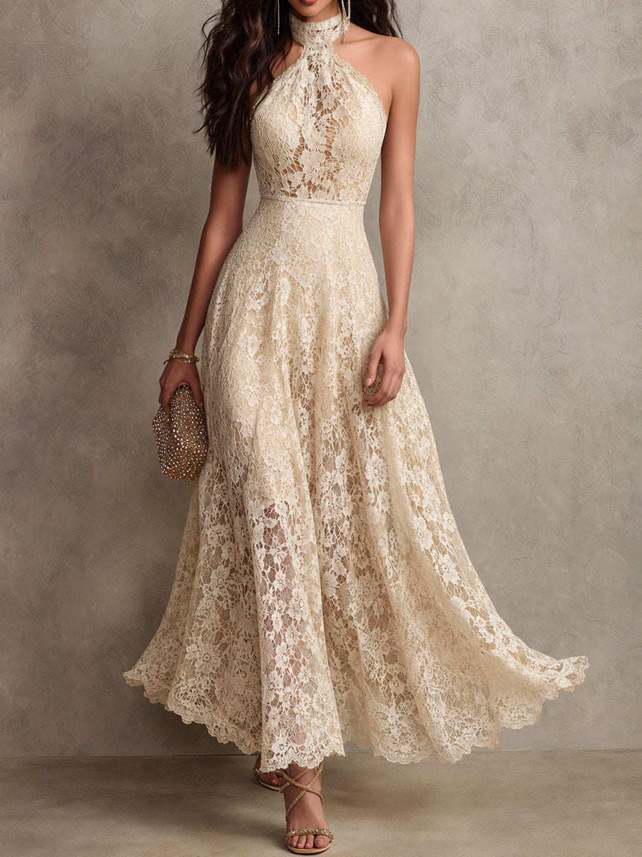 VIENNE | Floral Lace Halter Evening Maxi Dress