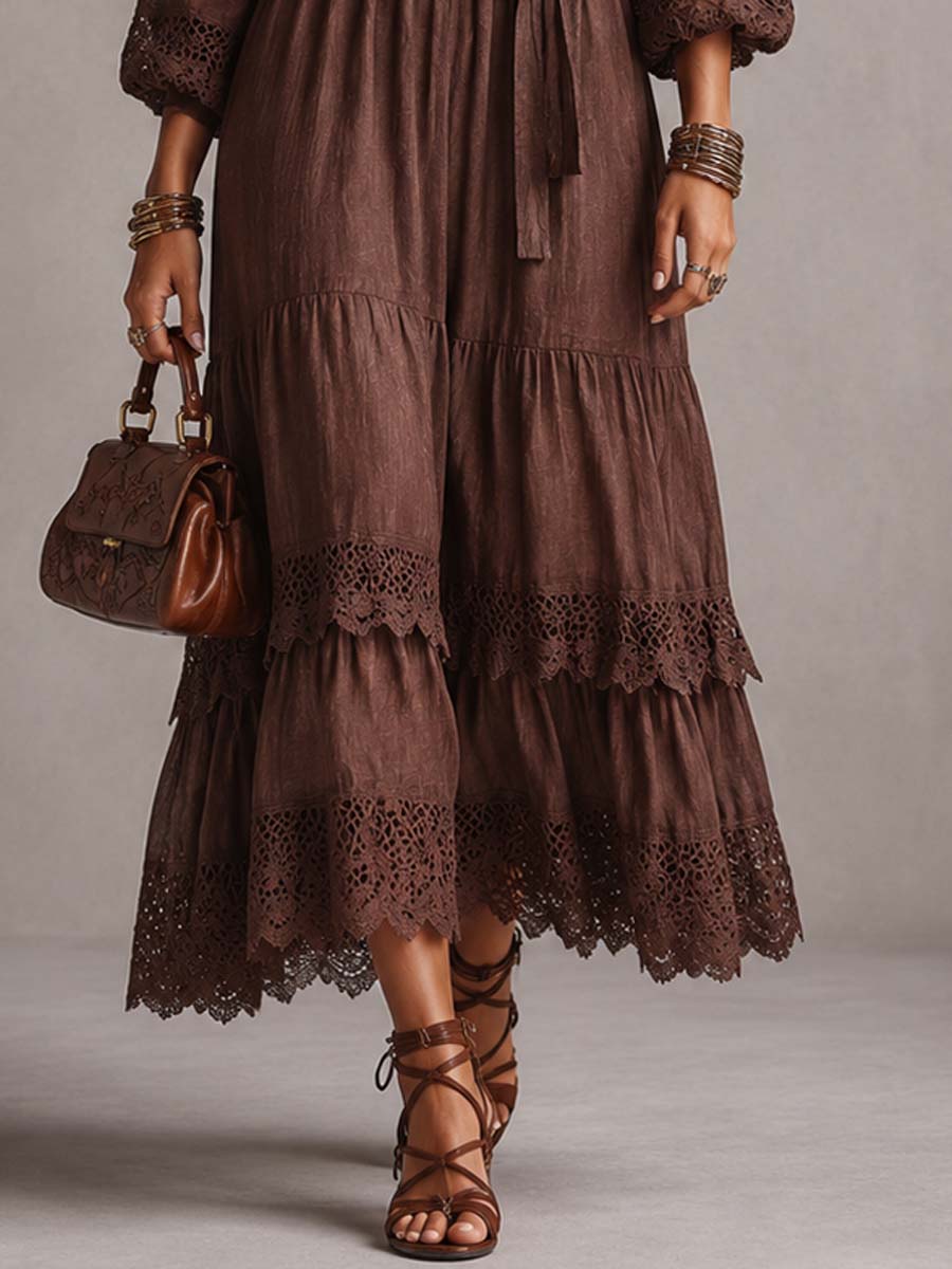 SORREL | Boho Lace-Trim Puff Sleeve Midi Dress