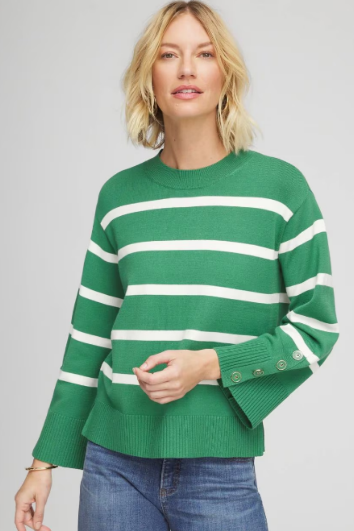 Striped Button Sleeve Crewneck Pullover Sweater