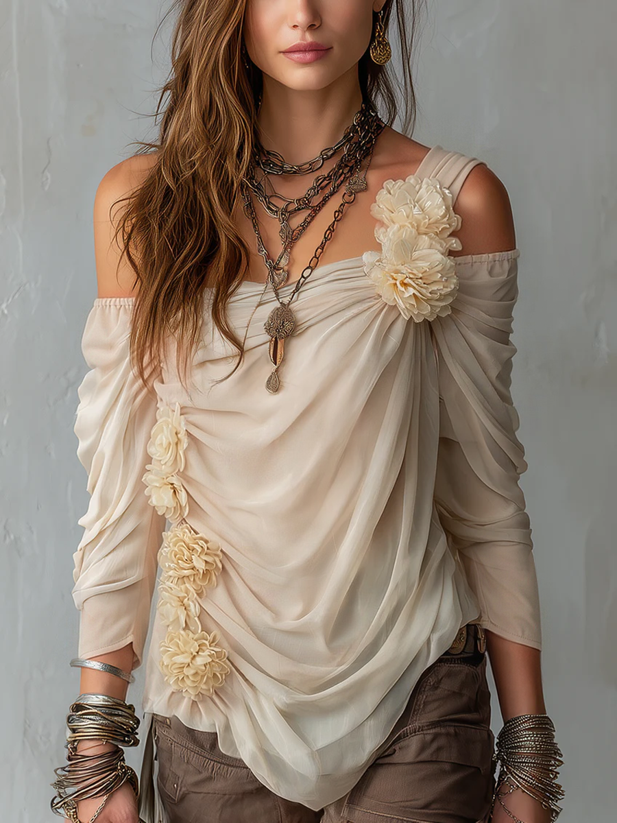 Bohemian Draped Off-Shoulder Floral Blouse