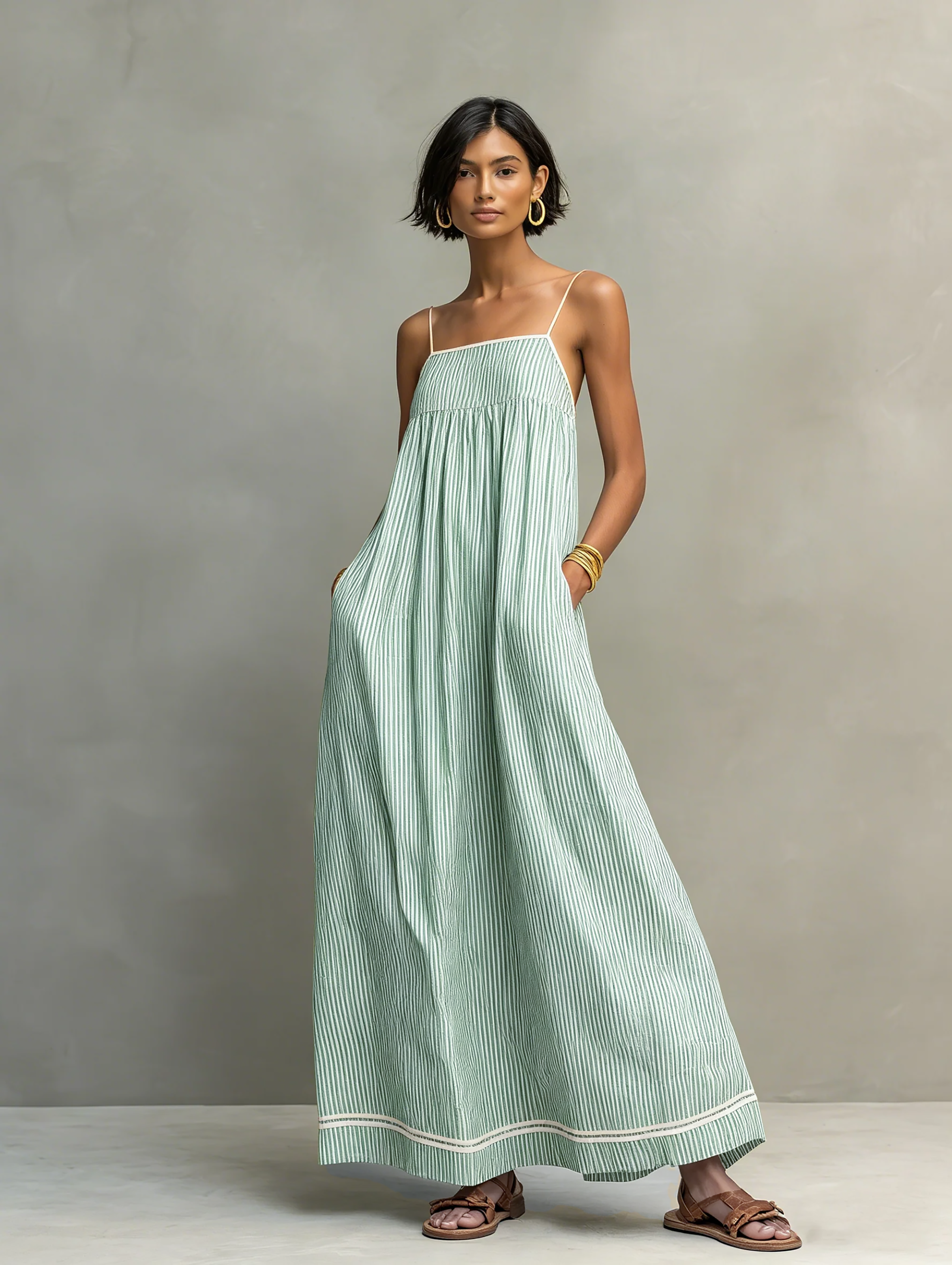 Women's Minimalist Striped Maxi Dress with Red Trim