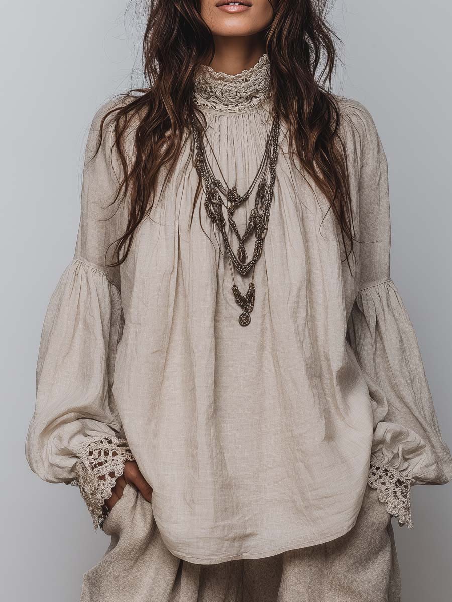 Lace-Trimmed Pleated Bohemian Blouse