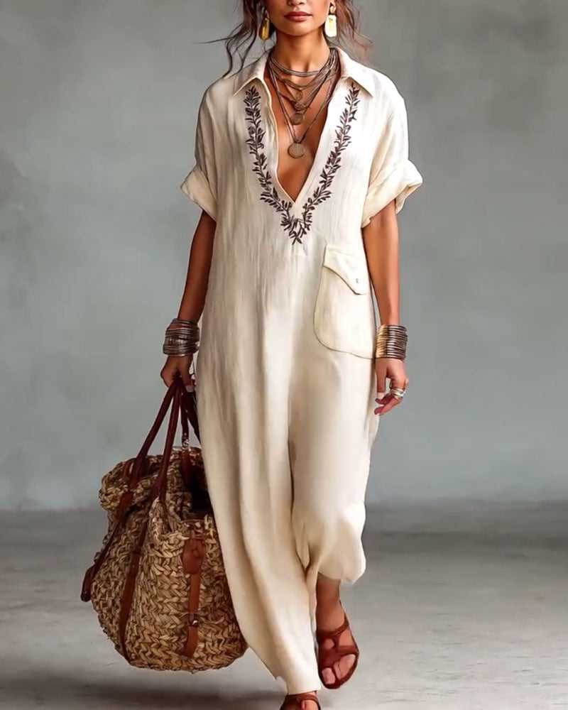 AMIRA | Embroidered Deep V Maxi Dress