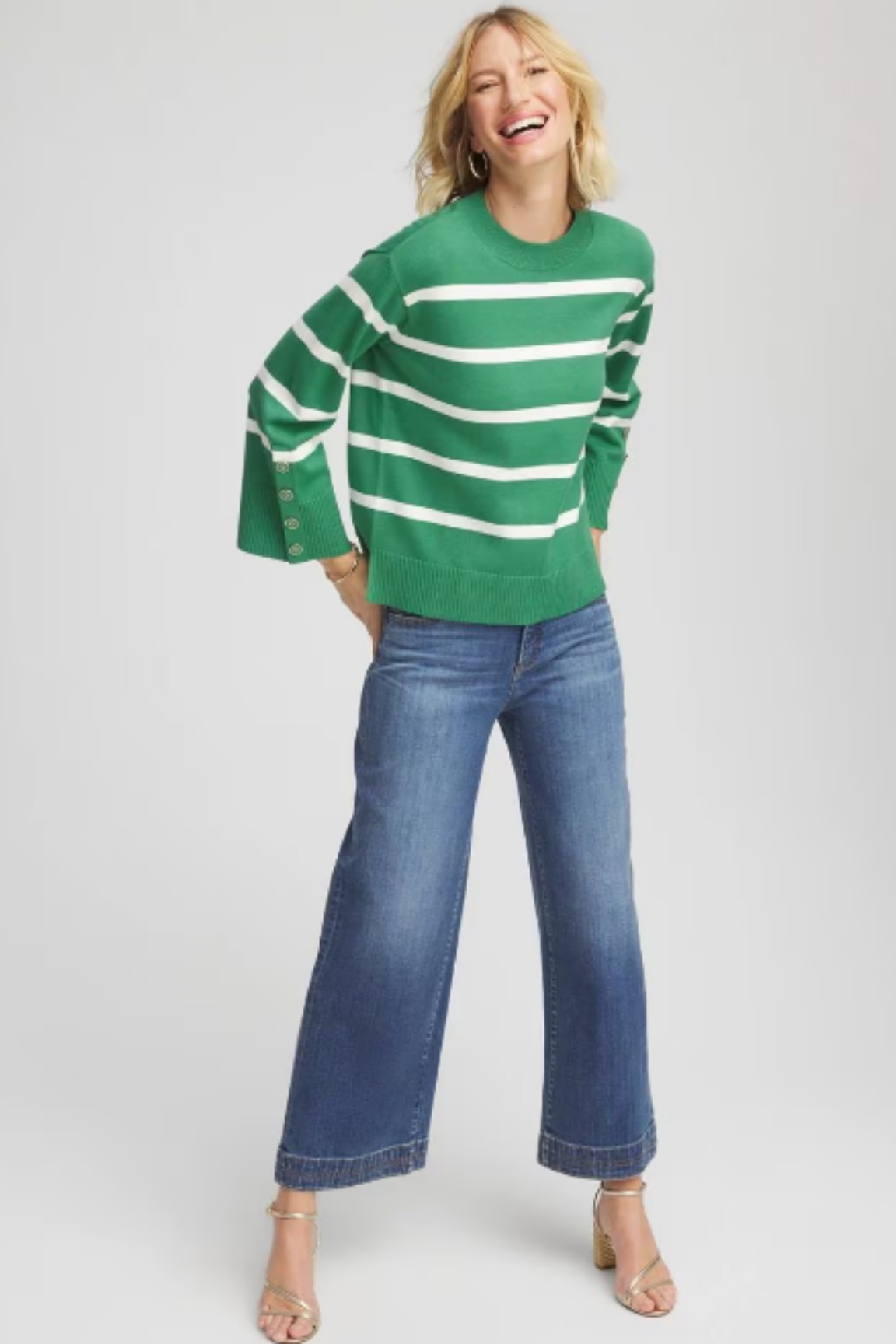 Striped Button Sleeve Crewneck Pullover Sweater