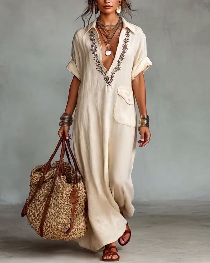 AMIRA | Embroidered Deep V Maxi Dress