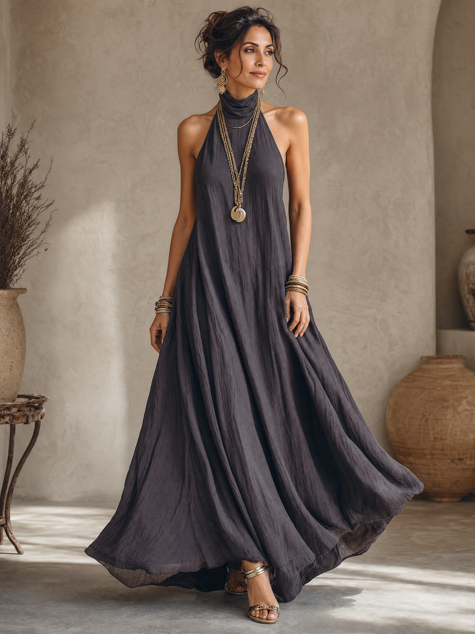 YARA | Flowing Charcoal Halter Maxi Dress