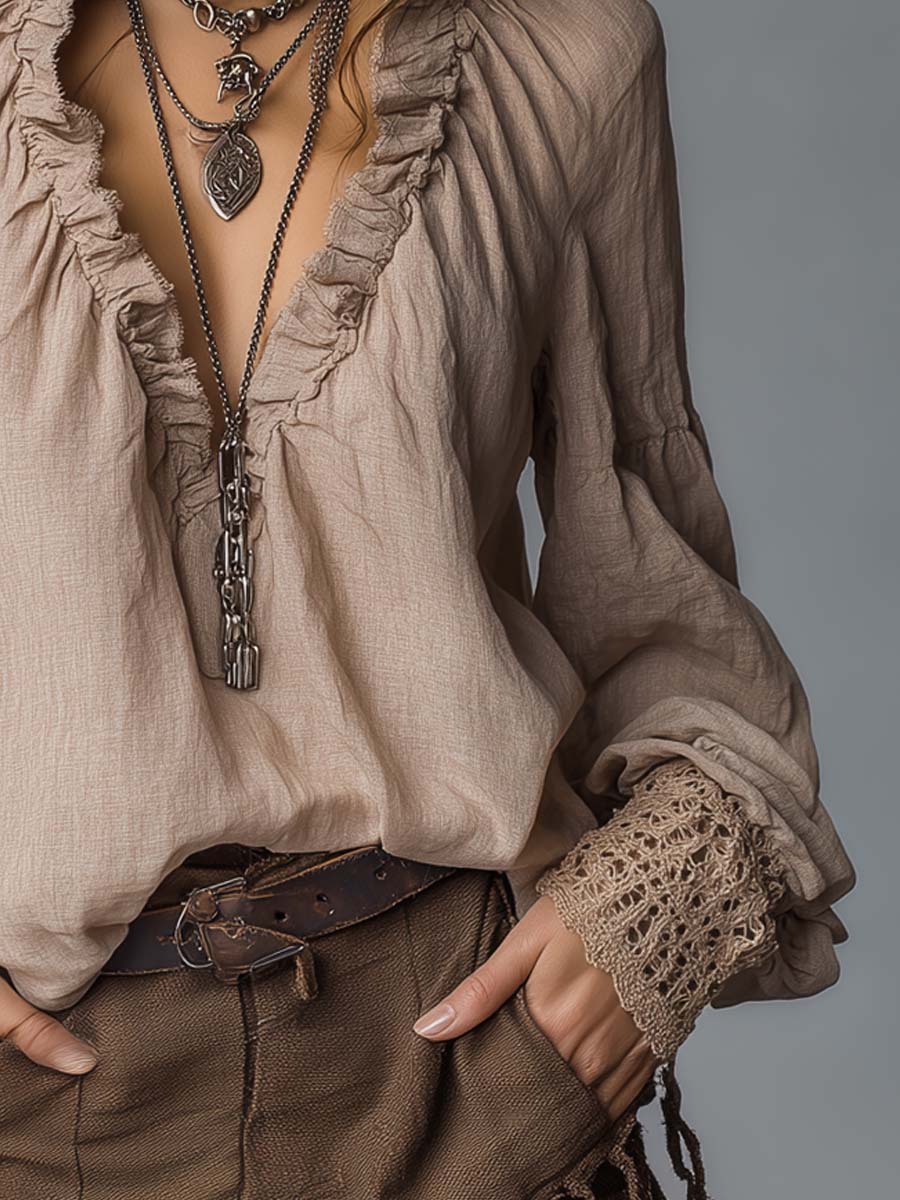 Ruffled Pleated V-Neck Blouse