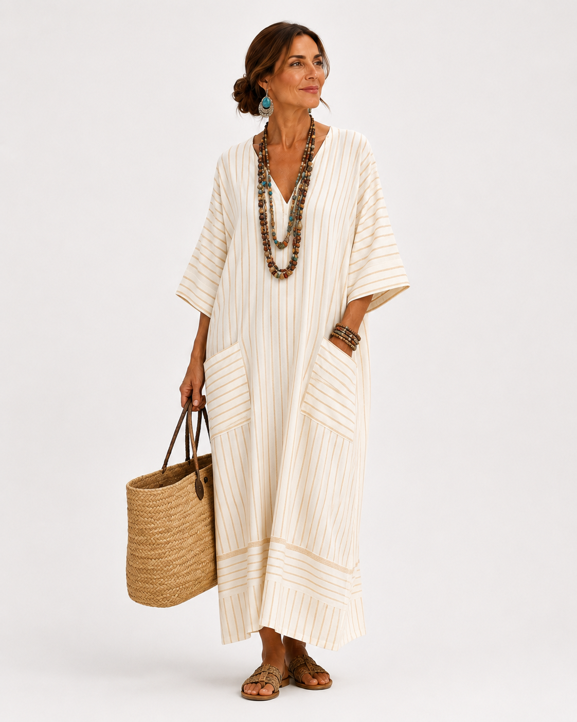 KAIA | Relaxed Striped Long Kaftan Dress