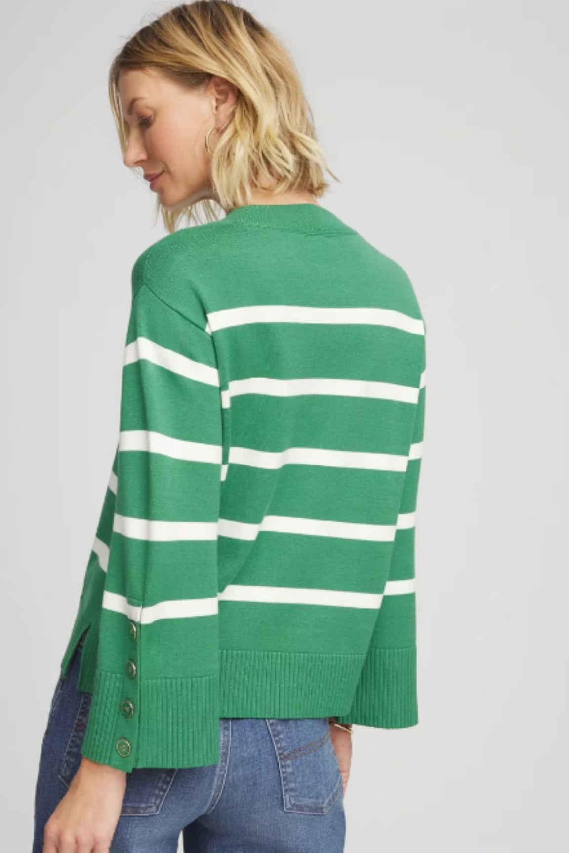 Striped Button Sleeve Crewneck Pullover Sweater