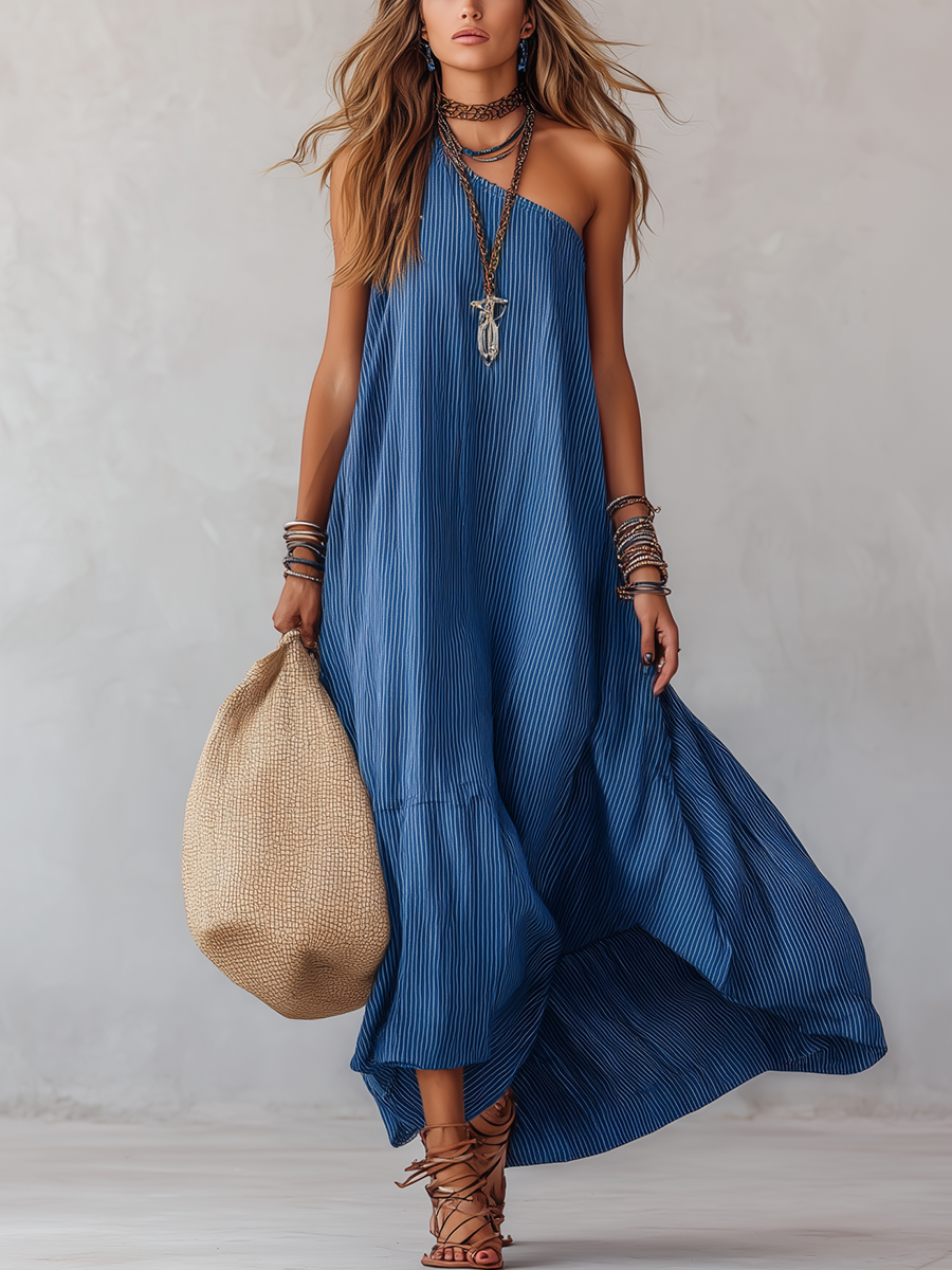 CORA | Royal Blue Striped Off-the-Shoulder Maxi Dress