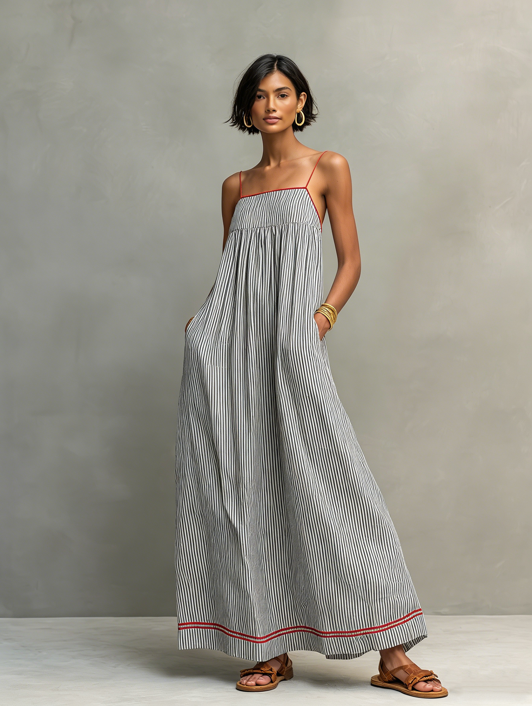 Women's Minimalist Striped Maxi Dress with Red Trim