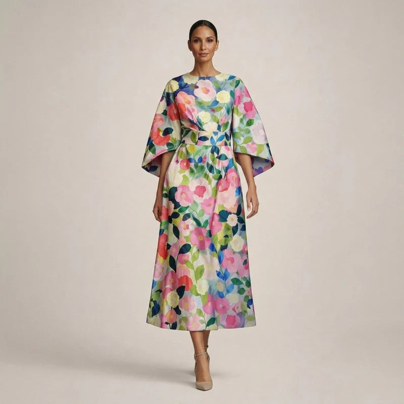 CLEMENTINE | Floral Midi with Sculpted Waist and Airy Elegance