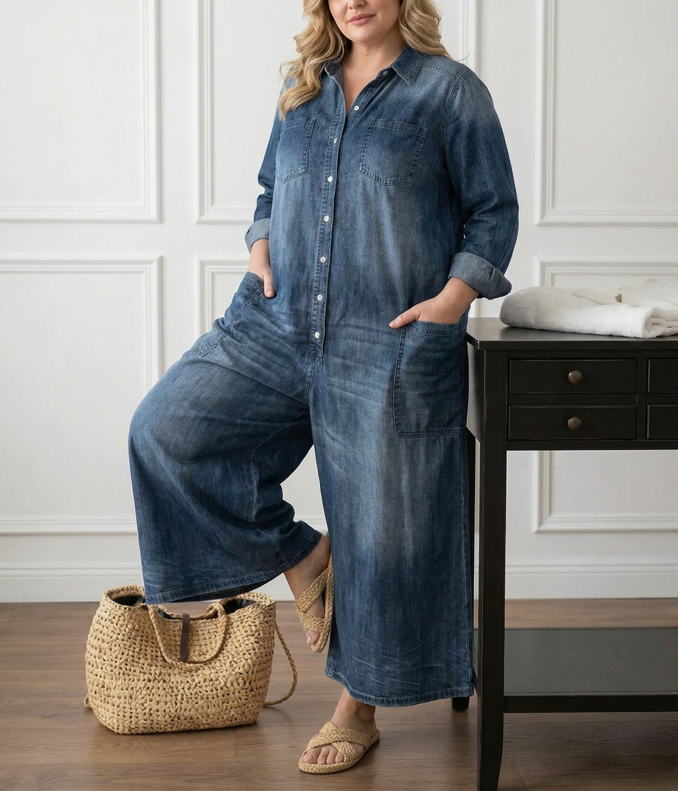 Diana | Vintage Washed Soft Cotton Denim Jumpsuit with Button Closure