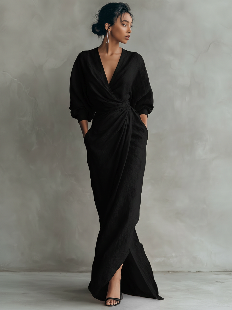 NORA | Draped V-Neck Maxi Dress
