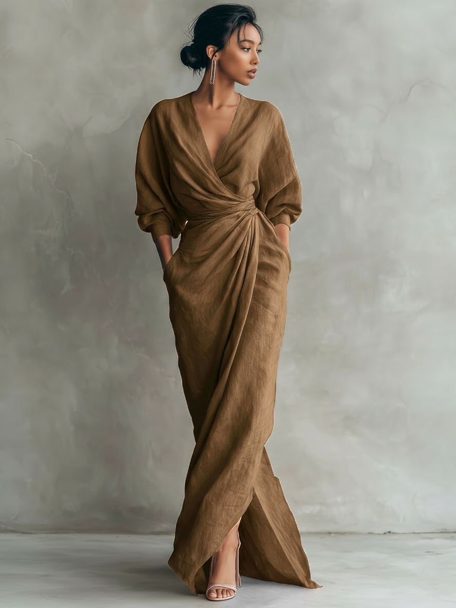 NORA | Draped V-Neck Maxi Dress