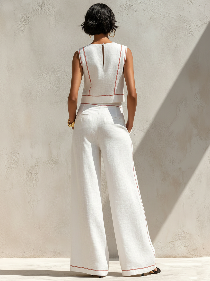 Women's Minimalist Contrast-Stitched Blouse & Wide-Leg Pants Set