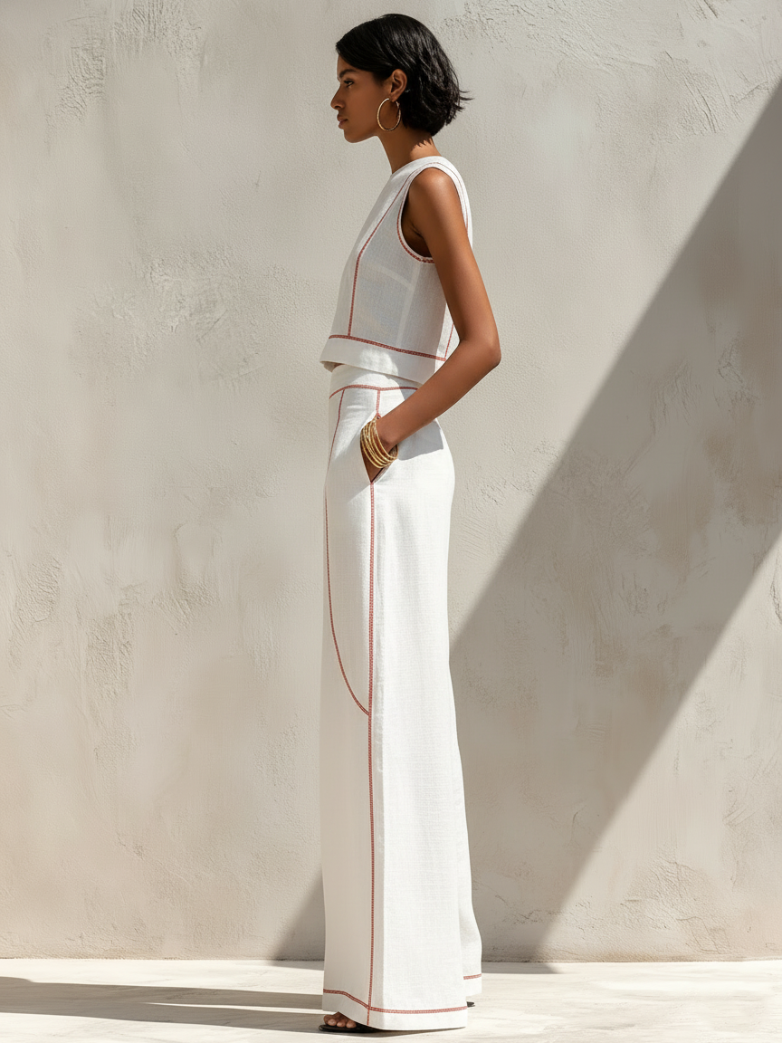 Women's Minimalist Contrast-Stitched Blouse & Wide-Leg Pants Set