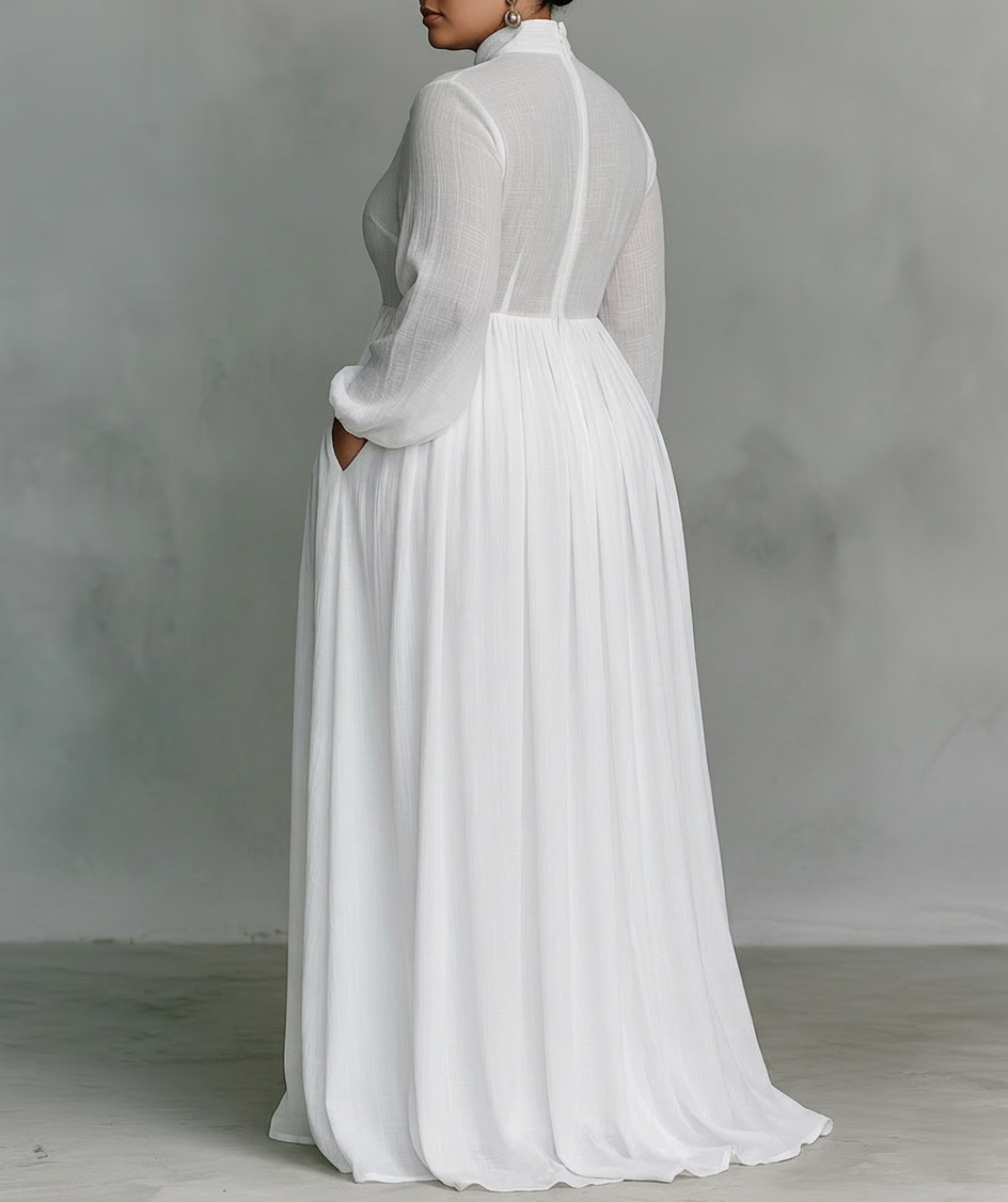 Elisa - Maxi Minimalist Dress with Patchwork, High Collar and Long Sleeves - Plus size model