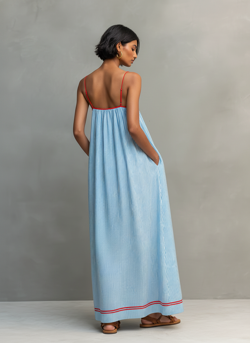 Women's Minimalist Striped Maxi Dress with Red Trim