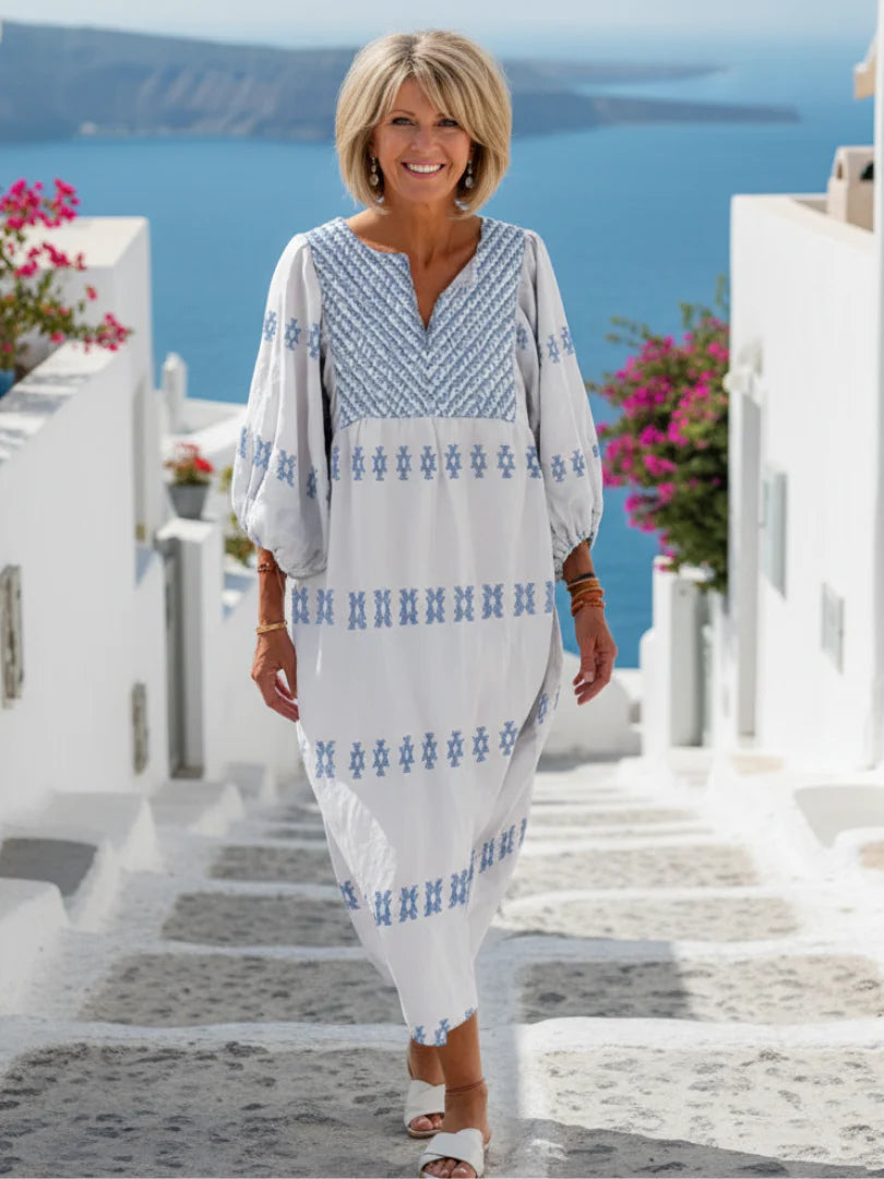 Evadne | V Neck Long Sleeve Embroidered Maxi Dress