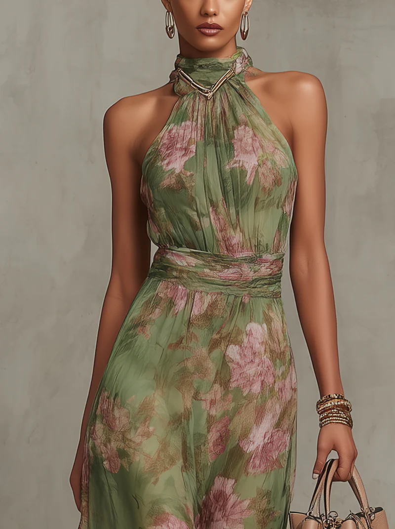 ODILE | Elegant Floral Halter Maxi Dress