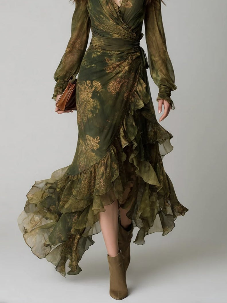 LENA | Green Floral Ruffle Maxi Dress
