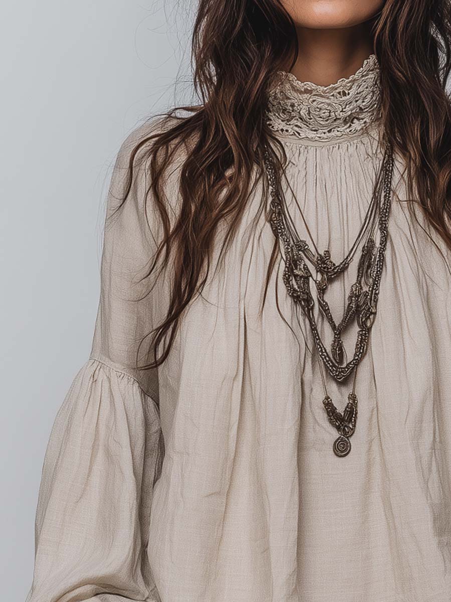 Lace-Trimmed Pleated Bohemian Blouse