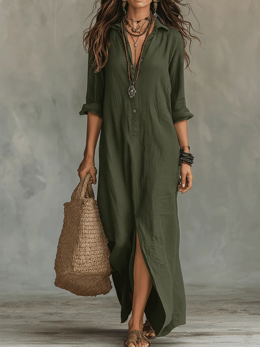 Soline™ | Relaxed-fit Green Maxi Dress with buttons