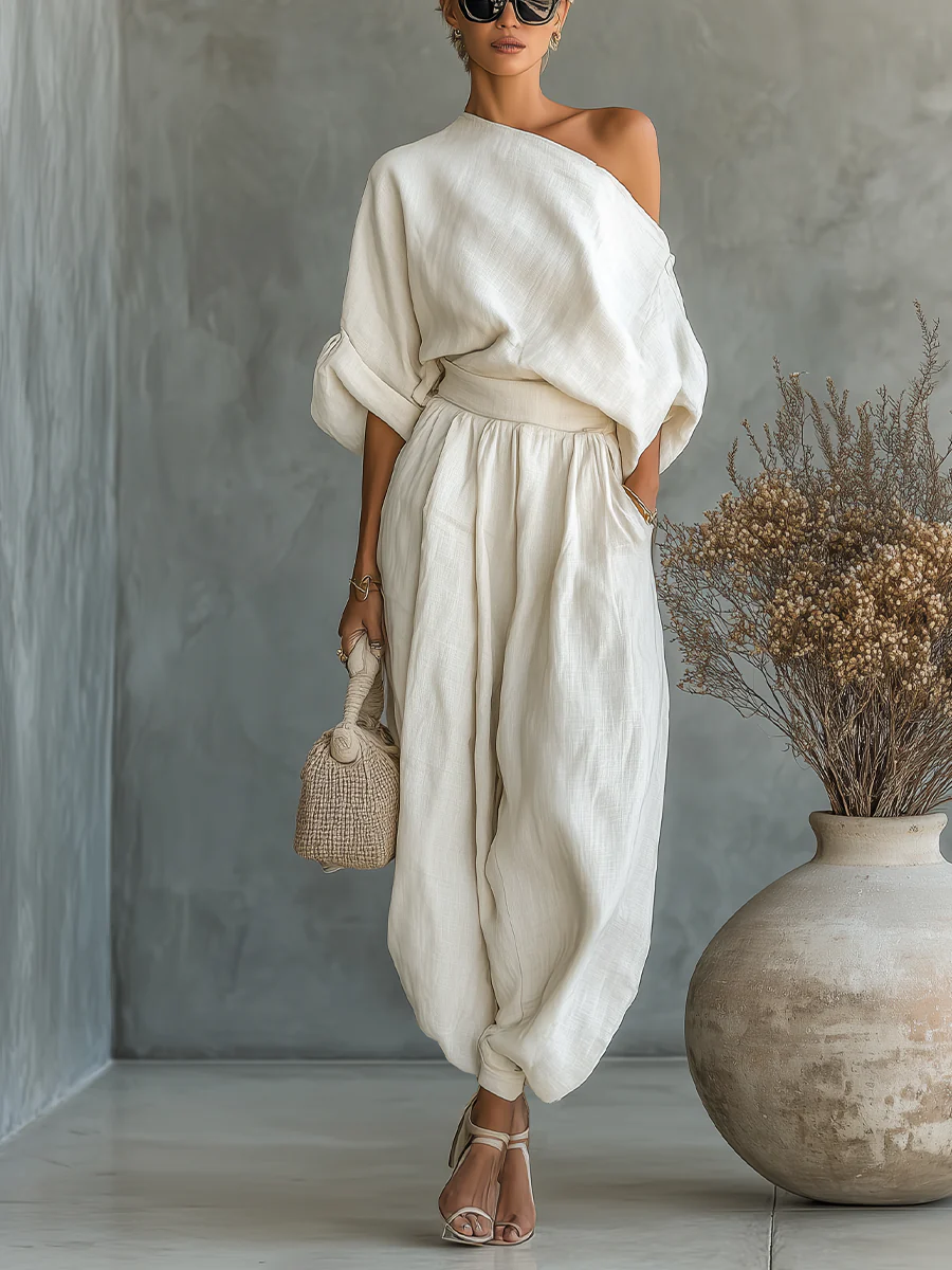 MILA | Relaxed One-shoulder Top and Wide-leg Pants Set
