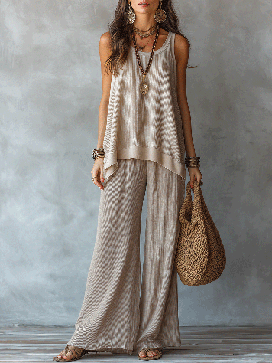 Effortless Boho Sleeveless Texture Top & Wide Trousers Set