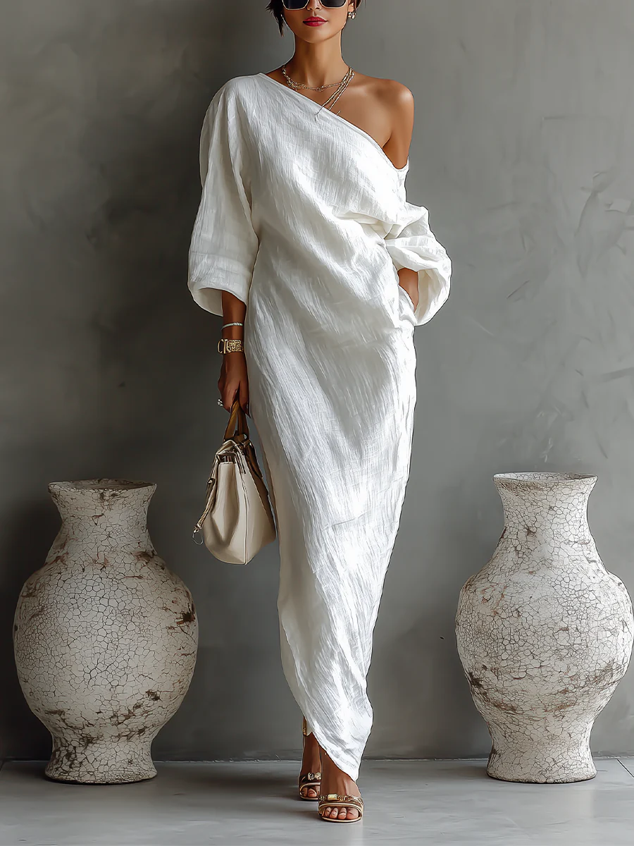 ELISE | Elegant One-shoulder Linen Maxi Dress in White