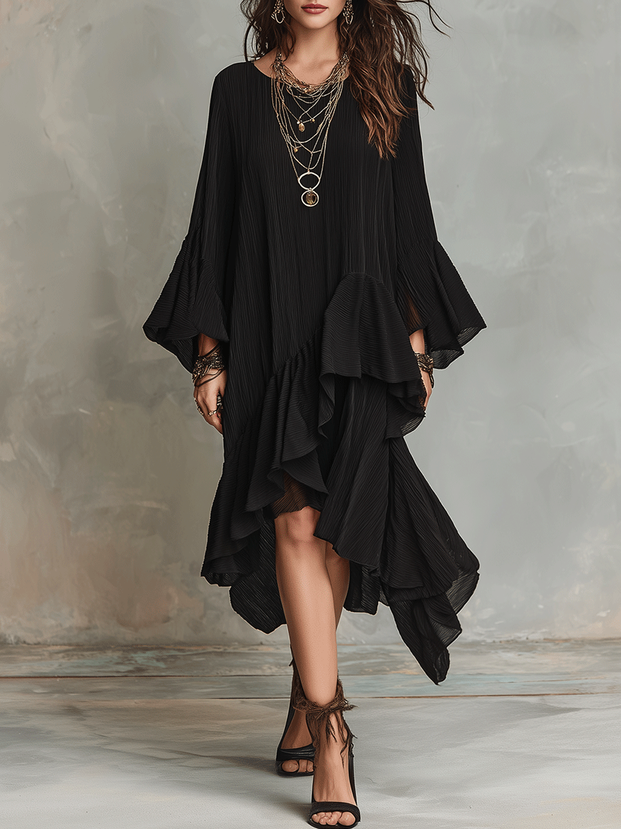 Elegant Asymmetric Ruched Black Boho Midi Dress
