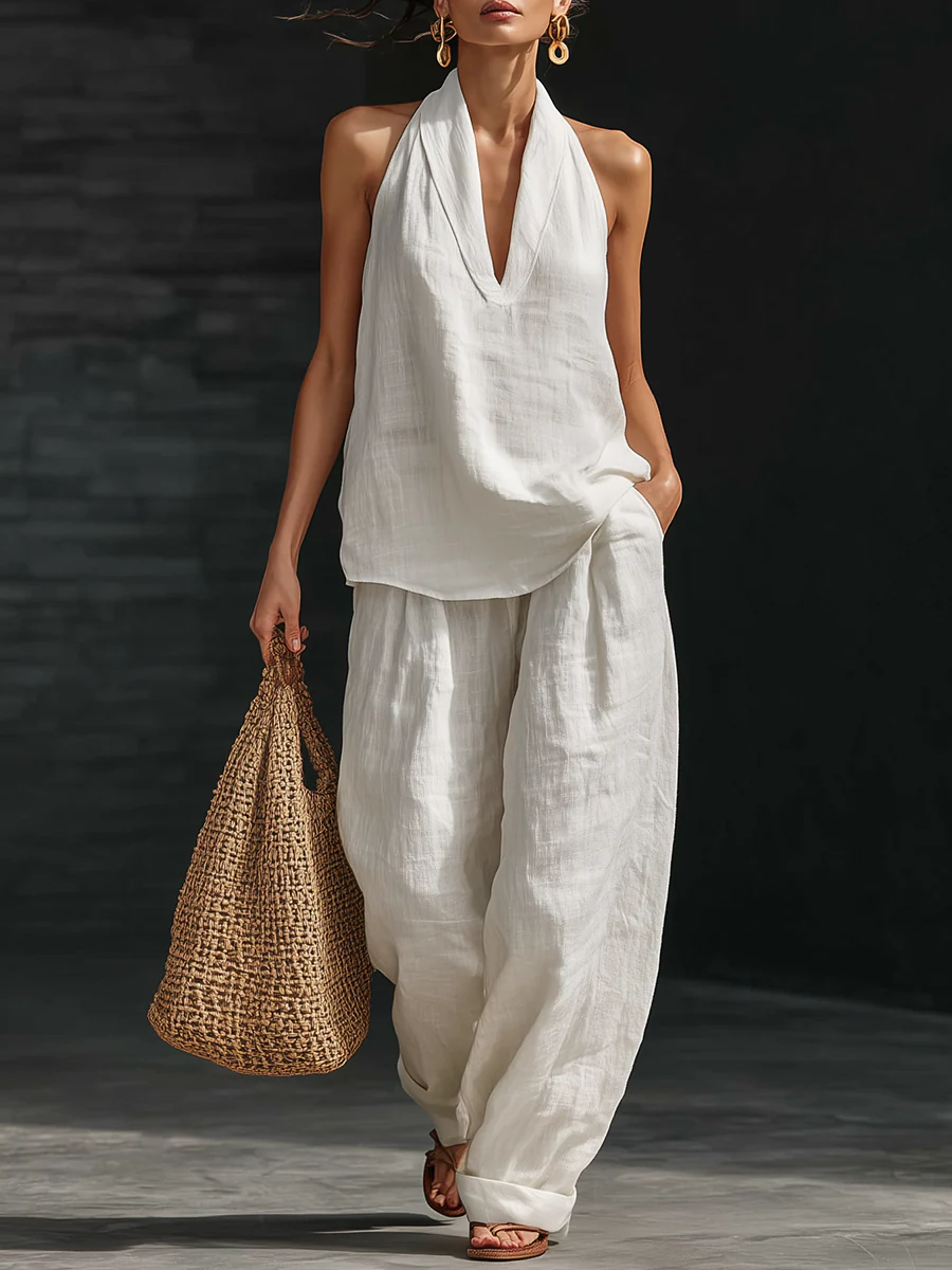 HARLOW | Halter V-neck Sleeveless Top and Wide-leg Pants Set