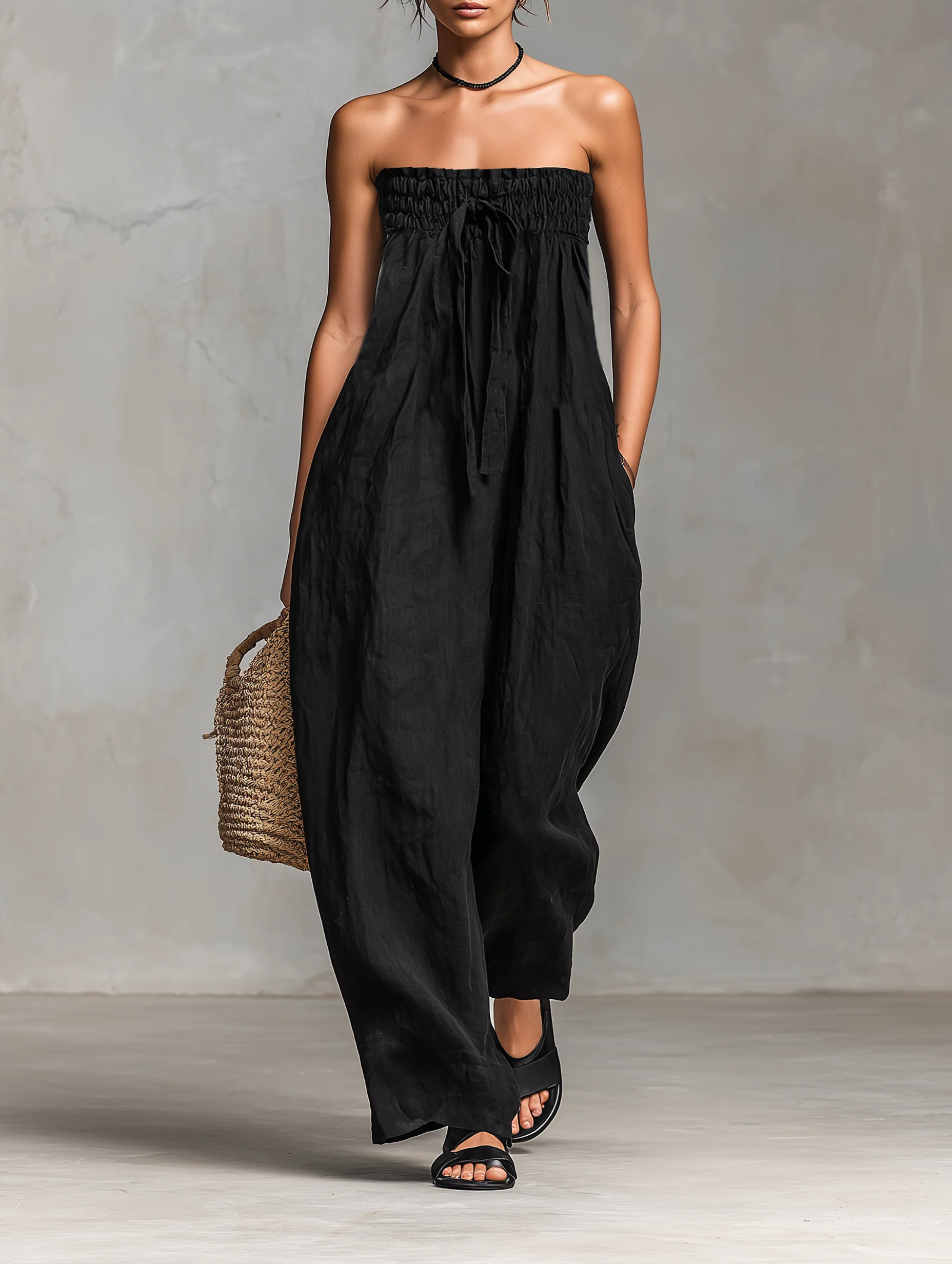 Strapless Smocked Bandeau Wide-leg Jumpsuit