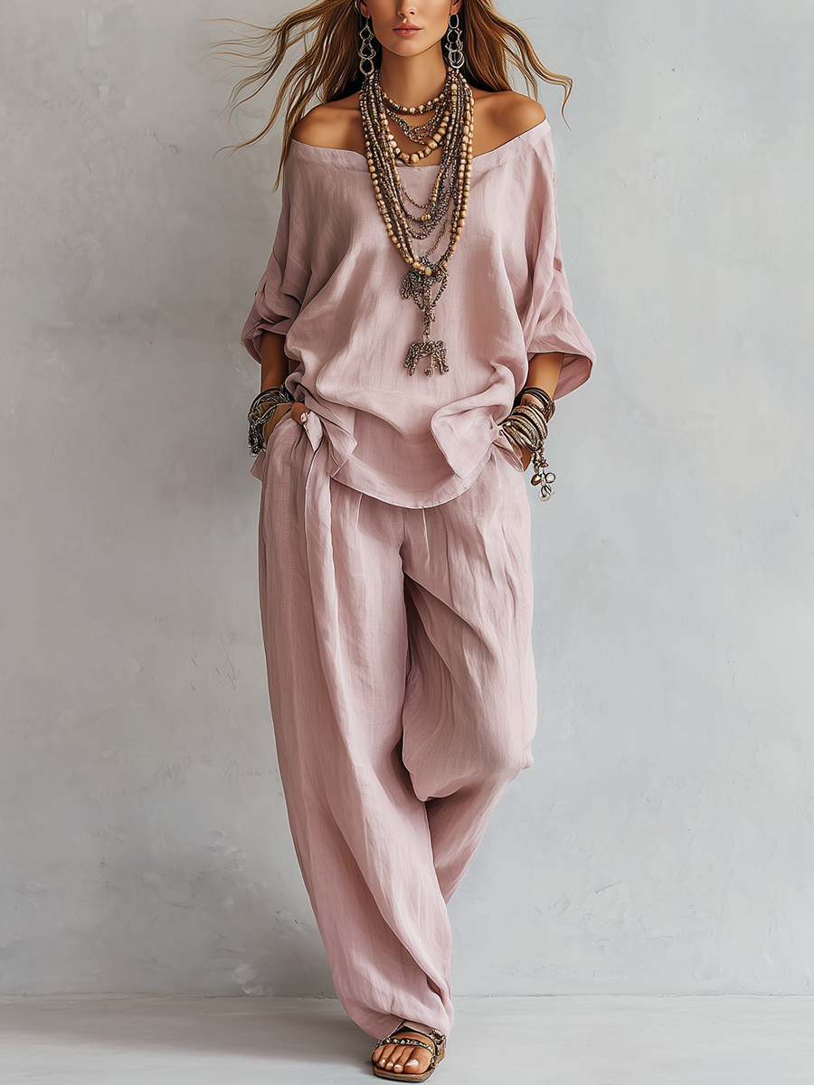 Casual Light pink Wide Trousers Set