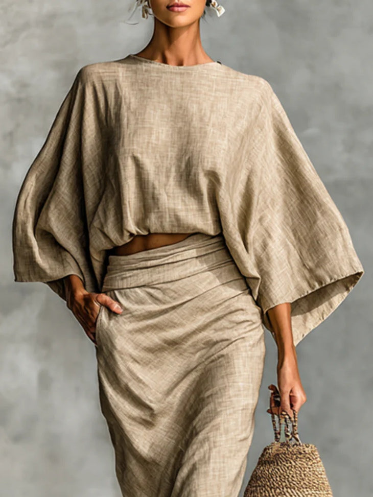 JULIA | Relaxed Batwing Linen Top and Draped Maxi Skirt Set
