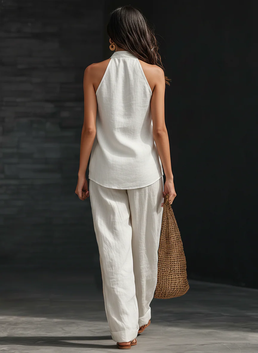 HARLOW | Halter V-neck Sleeveless Top and Wide-leg Pants Set