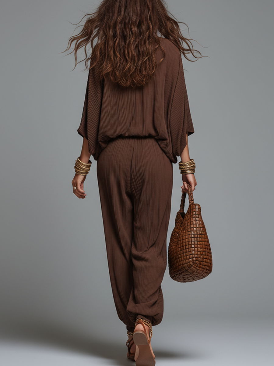 Warm Espresso Texture V-neck Batwing sleeve & Harem pants Co-ord set