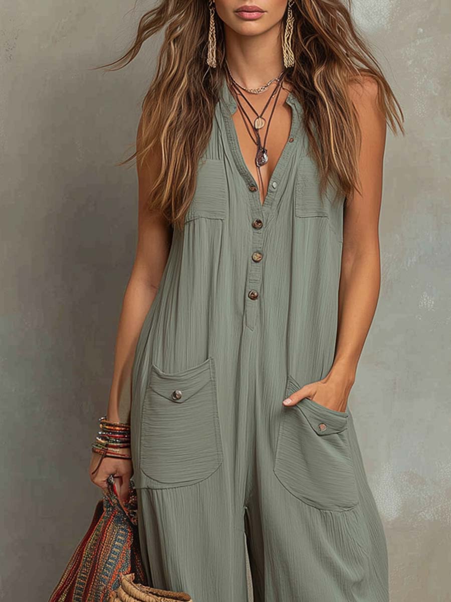 Jumpsuit with retro texture and patch pockets
