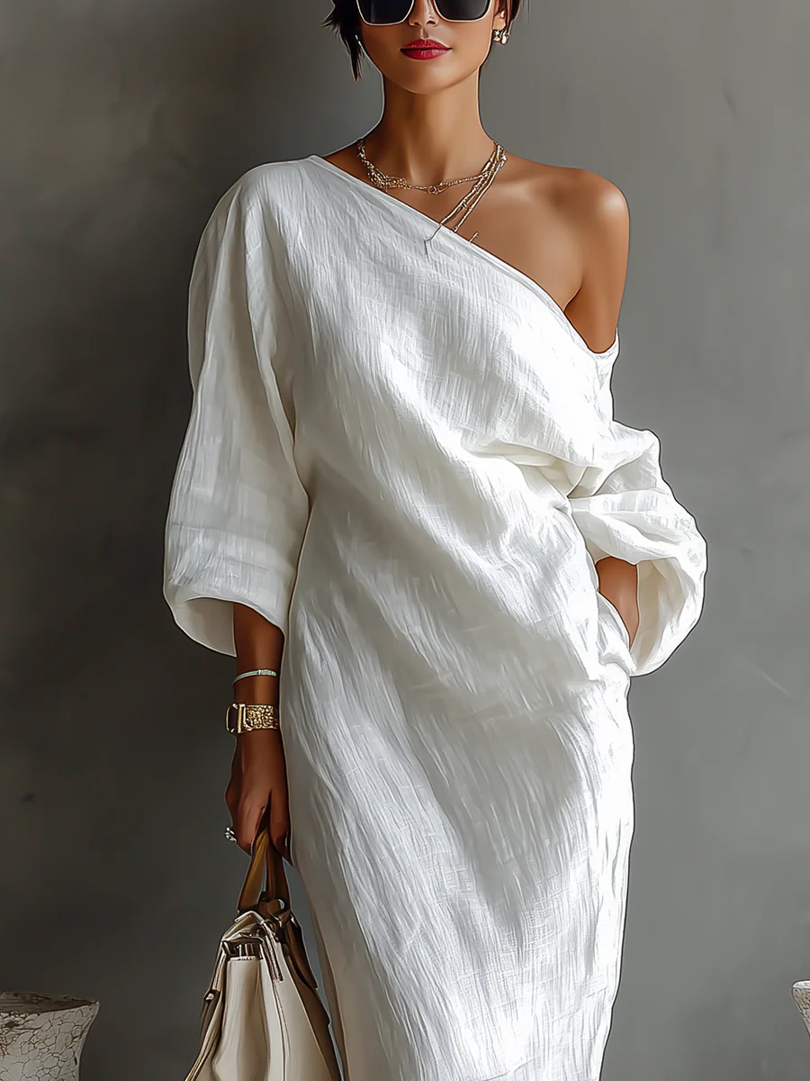 ELISE | Elegant One-shoulder Linen Maxi Dress in White