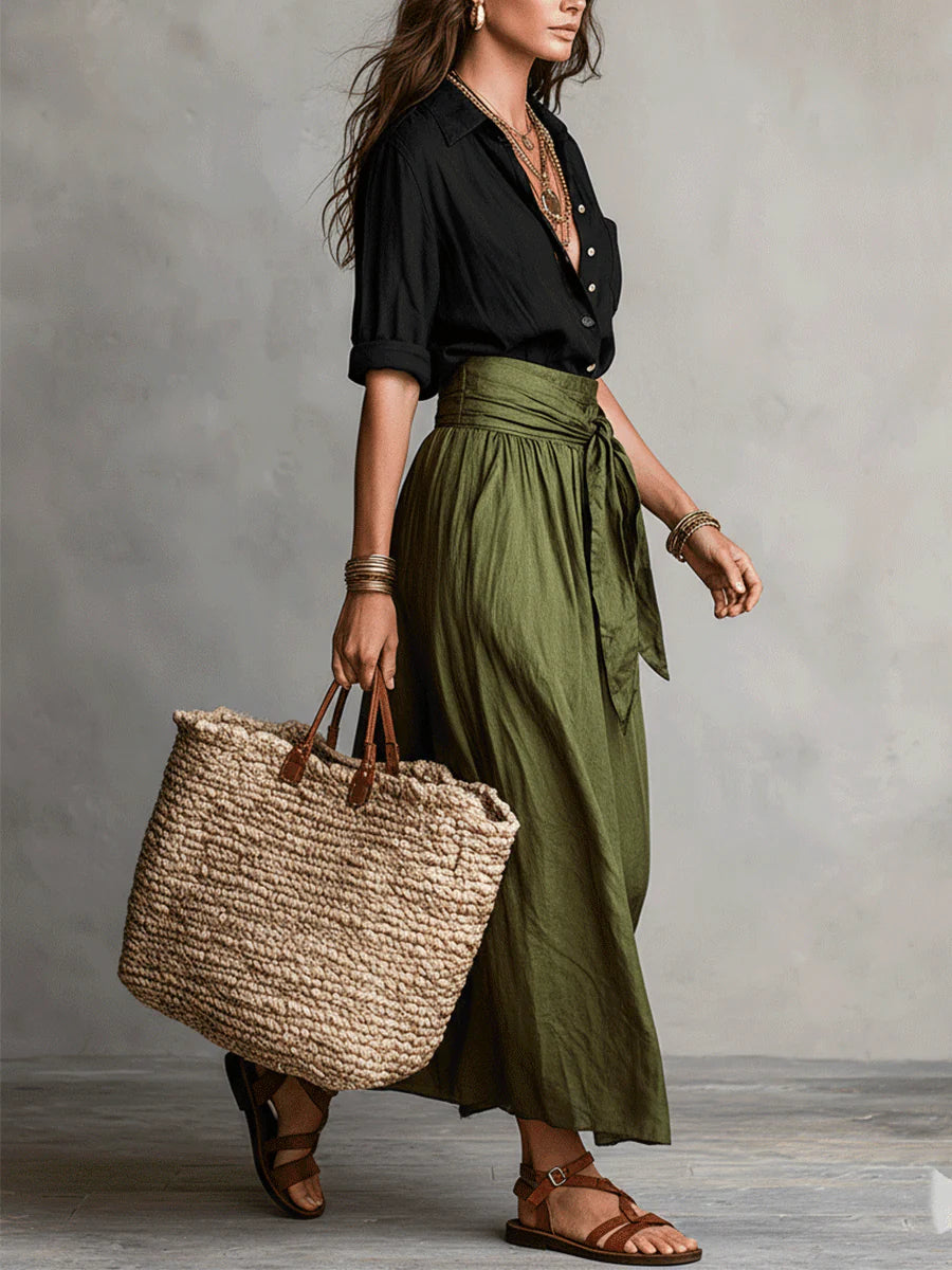 ROSALIE | Black Shirt and Olive Midi Skirt Two-piece Set