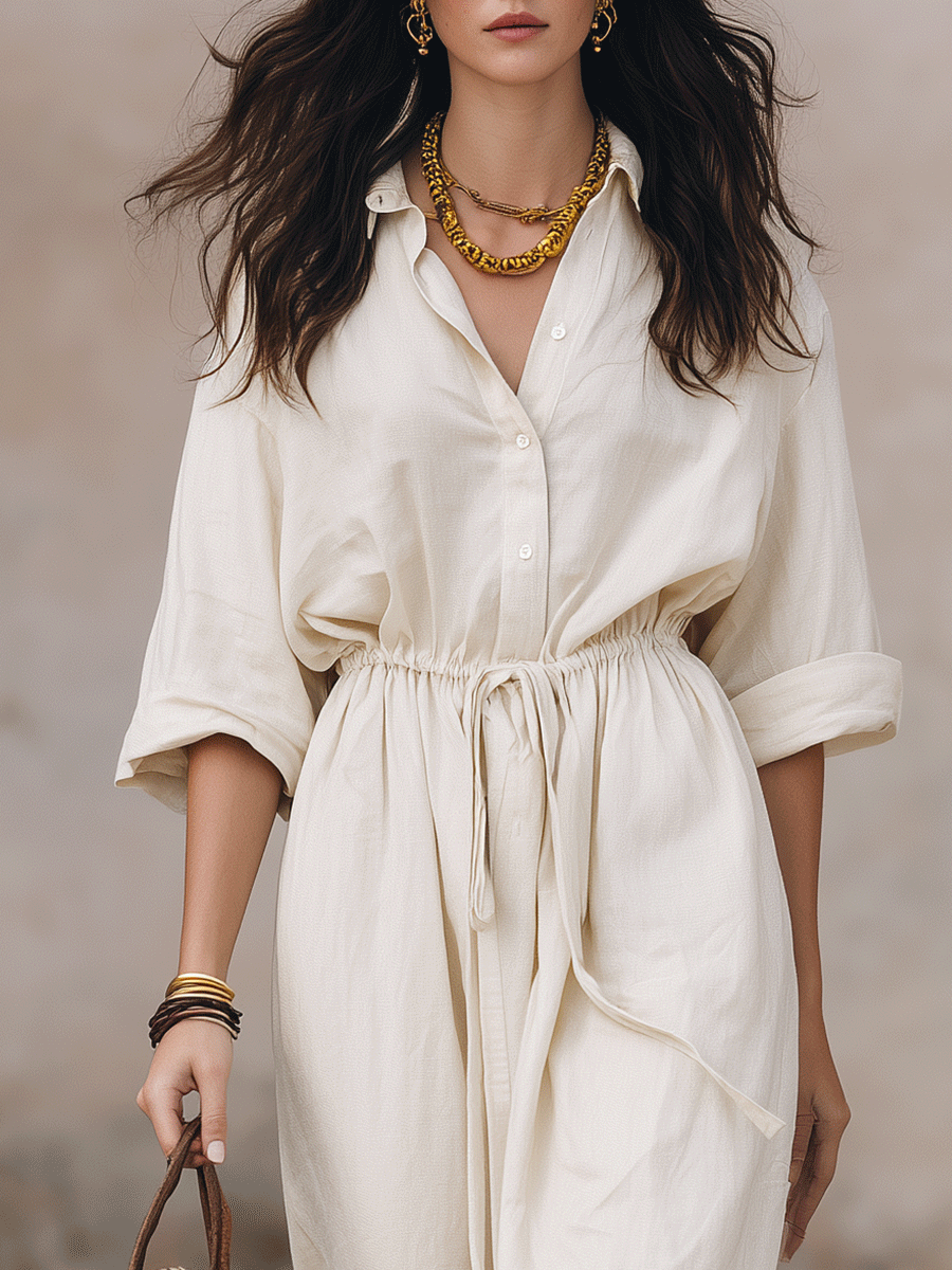 Effortless Bohemian Shirt Maxi Dress With Drawstring waist
