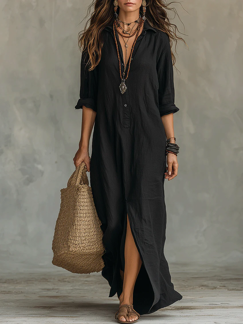 Soline™ | Relaxed-fit Green Maxi Dress with buttons